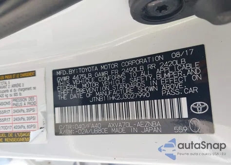 2018 Toyota Camry L/Le/Se/Xle from USA, damaged, VIN JTNB11HK2J3027990